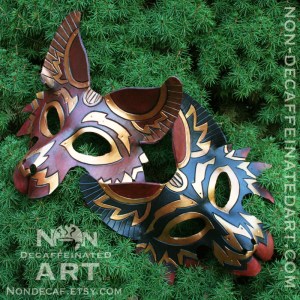 Photo of two wolf masks on a green background
